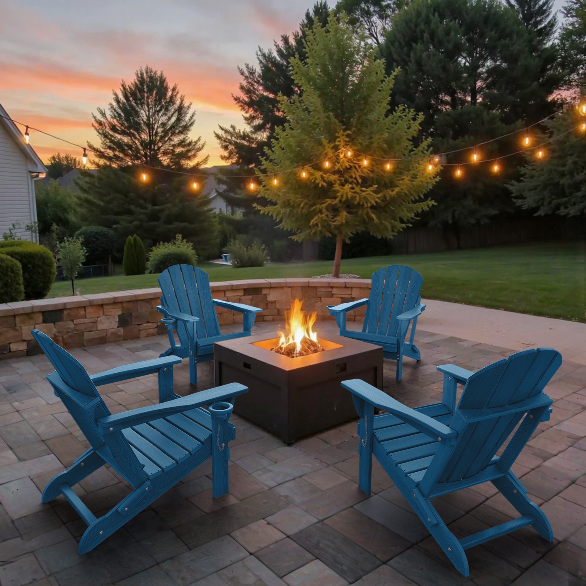 Ciokea Wood Adirondack Chairs Set of 2 Outdoor Folding Patio Chairs Fire Pit with Cup Holder Porch Garden Navy