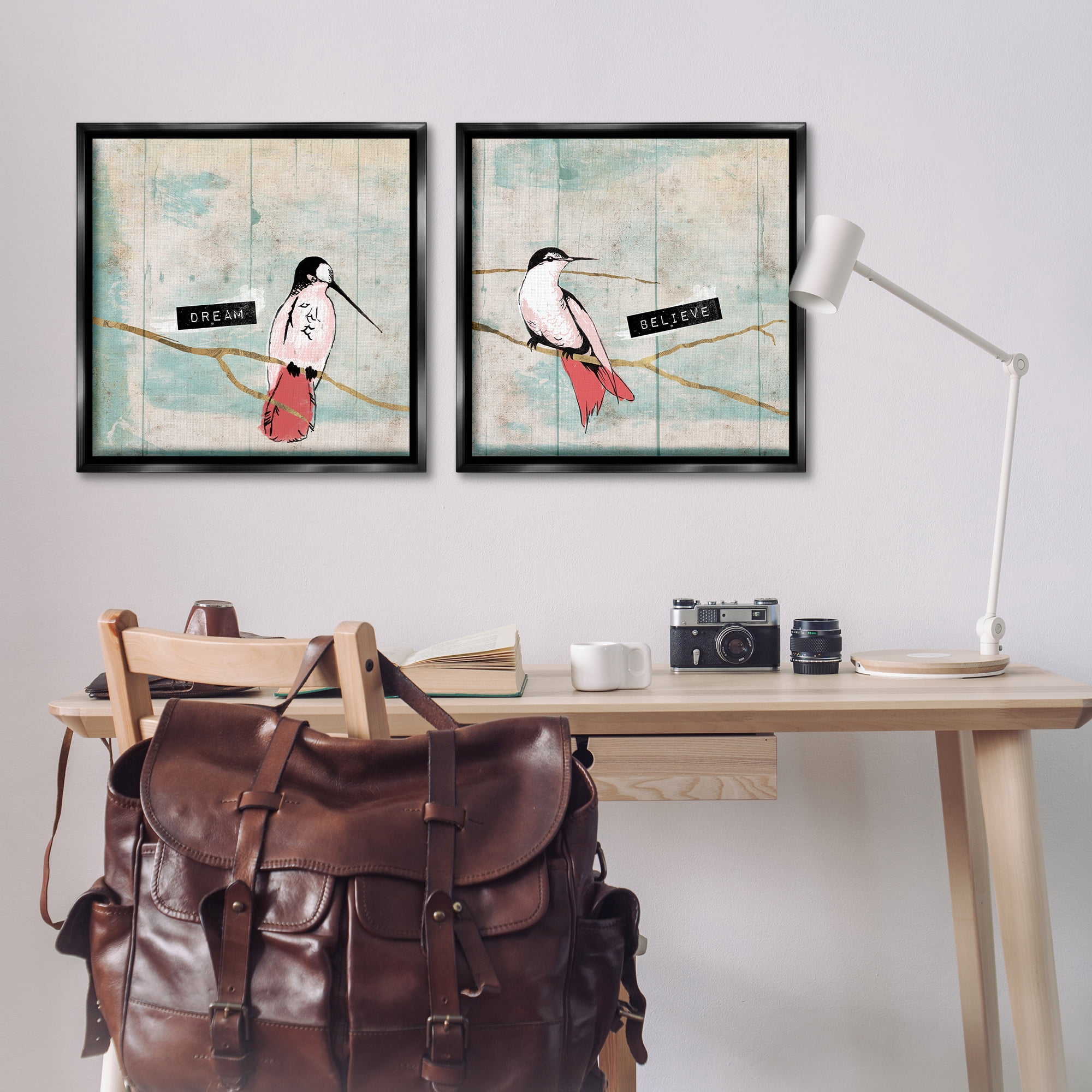 Stupell Industries Dream Believe Hummingbird Branch Animals Painting Black Floater Framed Canvas Art Print Wall Art, 25 x 25, Set of 2