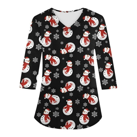 

Ovticza Christmas Scrub Tops for Women Print with Pockets Plus Size Nursing Elbow V Neck 3/4 Length Sleeve Xmas Holiday Christmas Scrubs Plus Size Women Black M