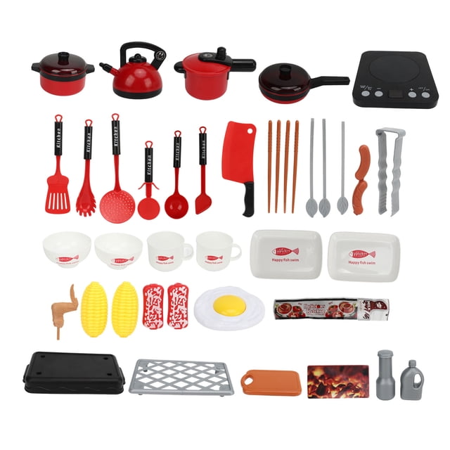 Juego de simulación de ollas para niños, juego de rol de cocina, juguetes de cocina de plástico imaginativos, color rojo