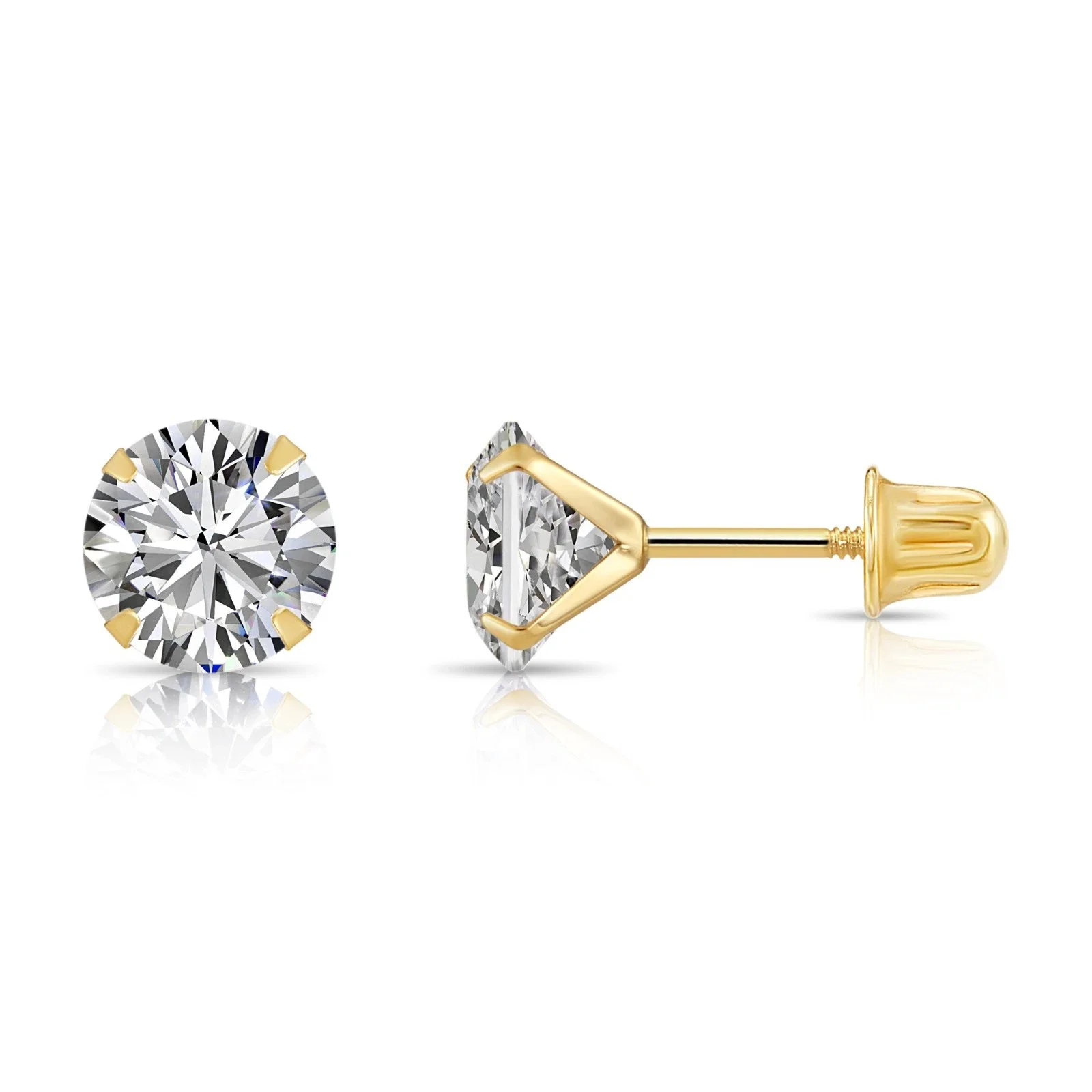 Tilo Jewelry 14K Yellow Gold Solitaire Round CZ Stud Post Earrings with Secure Screw-backs | 6mm | Classic Everyday Earrings | Women, Men, Unisex