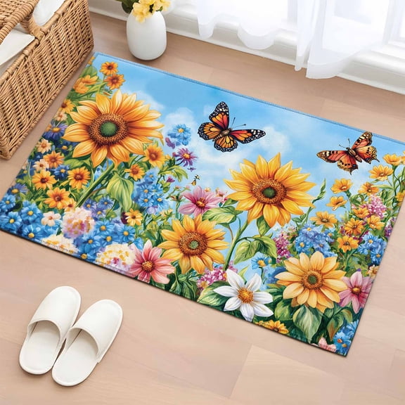 2x3 Ft Entryway Area Rug, Summer Yellow Sunflower Kitchen Rug Runner Washable Floor Mat, Daisy Wildflower Pastoral Non Slip Indoor Door Mat Throw Carpet for Bathroom Living Room Bedroom