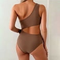 thumbnail image 4 of JIAHONG Maternity Swimsuit Cutout One Shoulder Bikini Set 2 Piece Bathing Suits with Adjustable Tie and High Waist Bottom, Brown, 4 of 5
