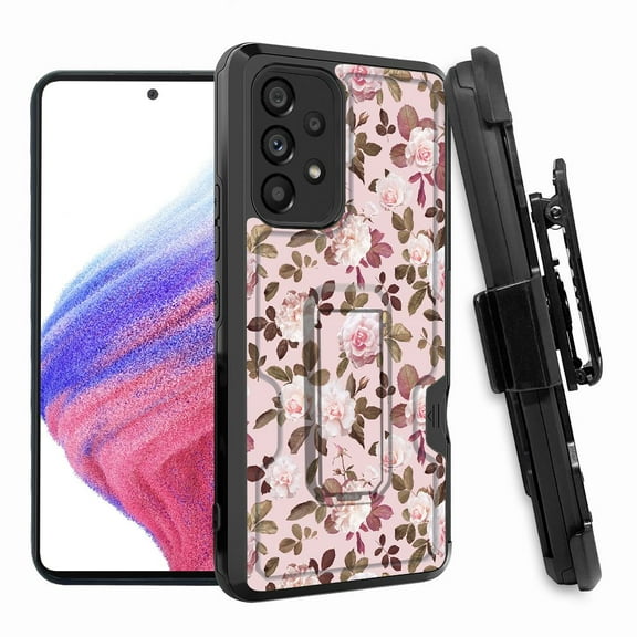 ANJ  Rugged Shockproof Hoster Case w/Card Slot, Kickstand   Tempered Glass Cover for Samsung Galaxy A33 5G - Vintage Roses 2