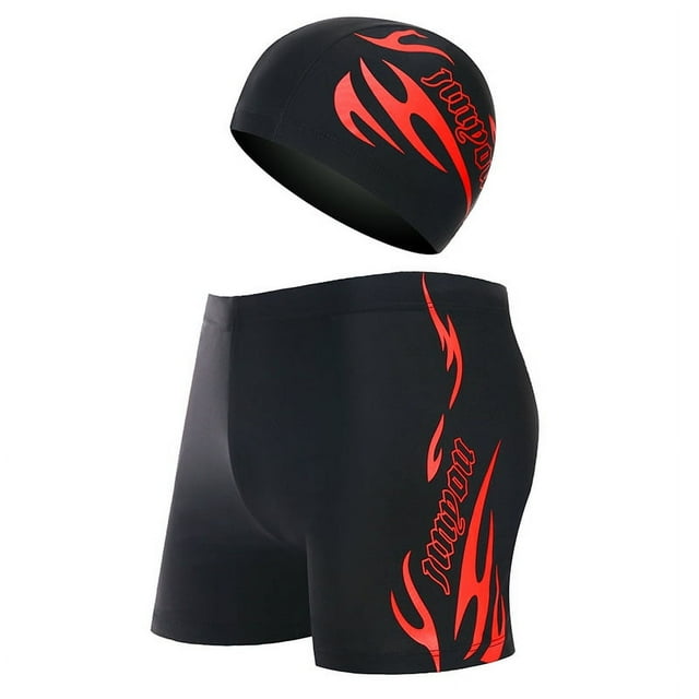 Men's Plus Size Boxer Swim Trunks with Swim Cap Set - Quick-Drying Polyester Fabric, Red Flame Design, 3XL (Fits 140-155 lbs) - Perfect for Sports, Leisure & Vacation Water Activities - Wholesale