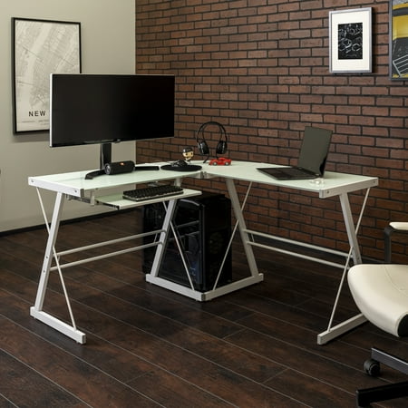 Modern Glass and Metal White L-Shaped Corner Computer Desk by Manor Park