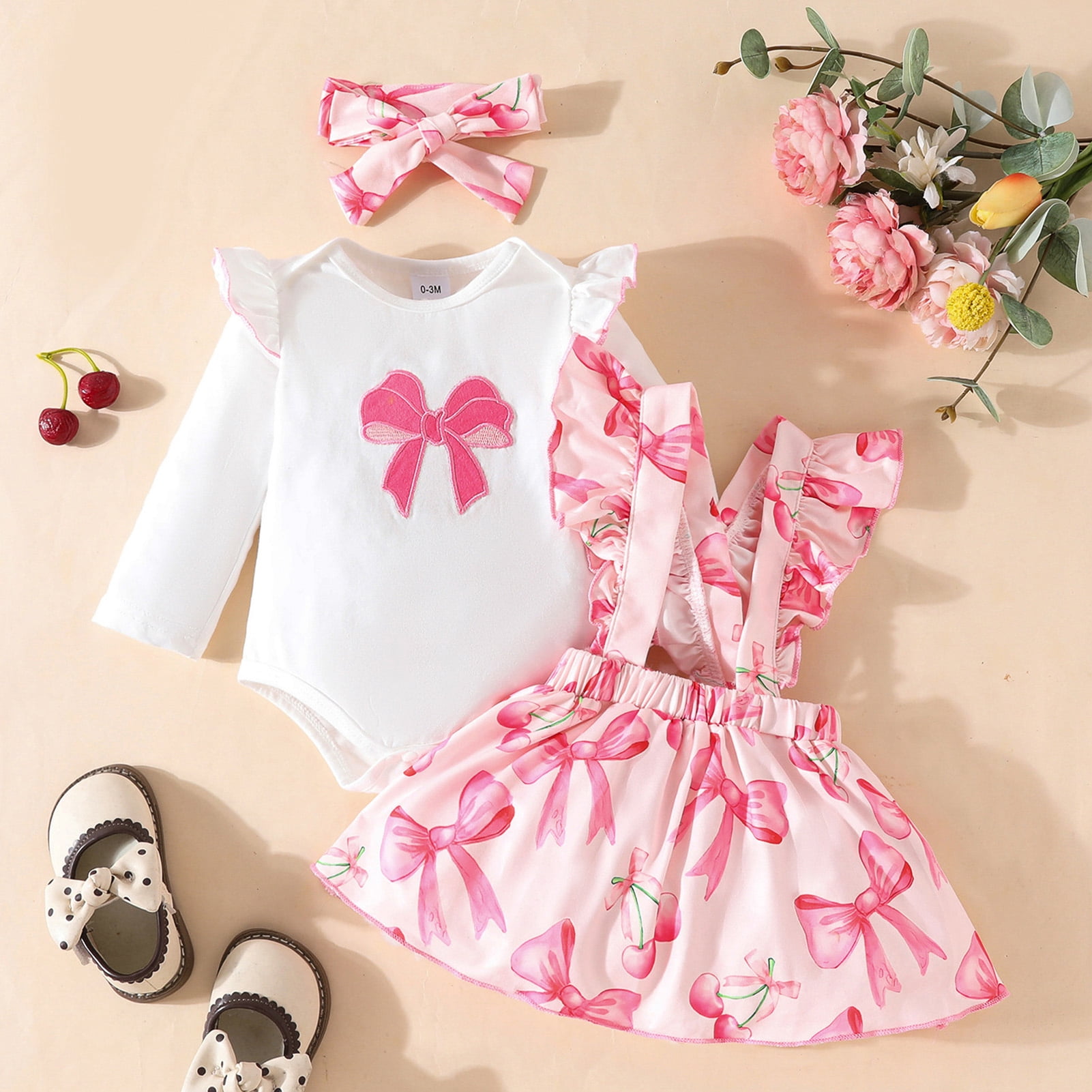 IWEMEK Newborn Baby Girl Clothes Ruffle Long Sleeve Romper Pink Bowknot Skirt 3 Pieces Fall Outfit Sets Size 12-18M