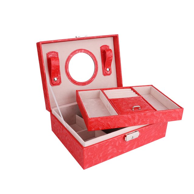 Guardurnaity Caja de joyería Cajas de paquete de madera de terciopelo Compartimiento de cuero Soporte de almacenamiento suave Anillos Collar Ropa, zapatos y accesorios Miscelánea Rojo