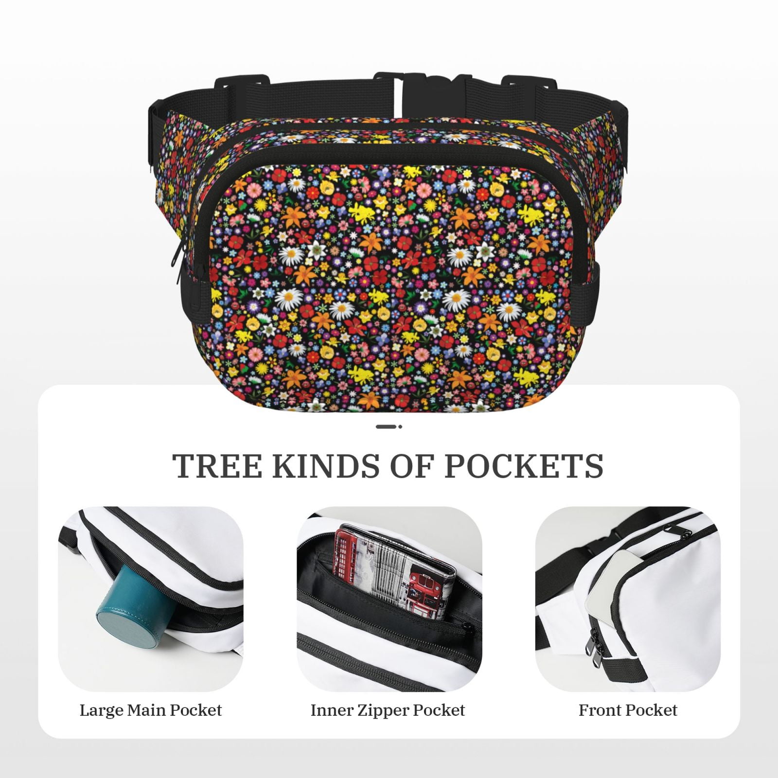 Picia Spring And Summer Flowers Print Square Double-Layer Waist Bag Mini Adjustable Waist Belt Bag Exercise Running Travel Hiking