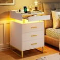 thumbnail image 3 of LED Nightstand Set of 2 with Charging Station, Large Night Stand with 3 Drawers and 1 Pull-Out Tray, Modern Bedside Table with LED Lights, End Side Table with Storage, White and Gold, 3 of 10