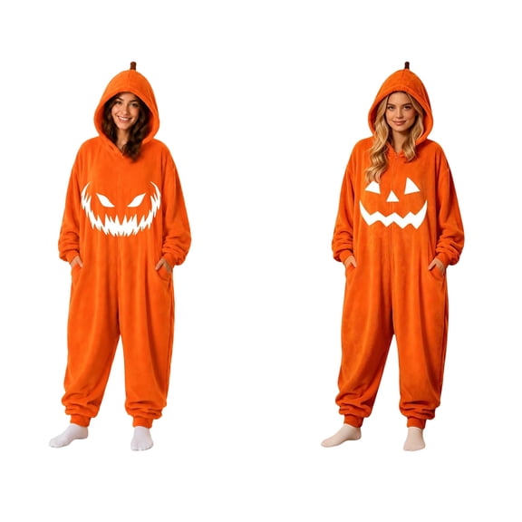 Onesie Halloween Hooded Pajamas For Women, Winter Fleece Warm Long Sleeve Pumpkin Printed Loungewear Jumpsuit, S-XXL