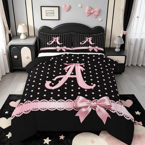 Manfei Letter A Print Full Size Comforter Sets,Pink Dreamy Bow Bedding Comforter Set,Black Reversible,3pcs,1 Comforter and 2 Pillowcases