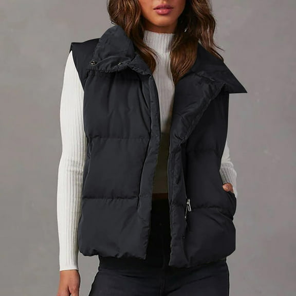 Luxalzxs Puffer Vest Women Short Vest Coat Casual Fall Winter Sleeveless Coats Solid Color Zipper Down Jacket High Neck Loose Waistcoat Outerwear