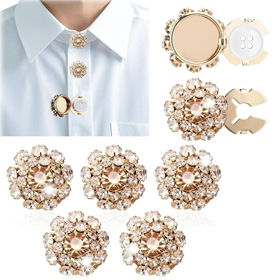 Rhinestone Button Cover Tutuviw 5 Pcs Golden Crystal Cover for Women Blouses Detachable Shirt Clips Buttons Crystal Fancy Buttons for Dress Suit Jeans Clothing DIY Holiday Decoration Embellishments