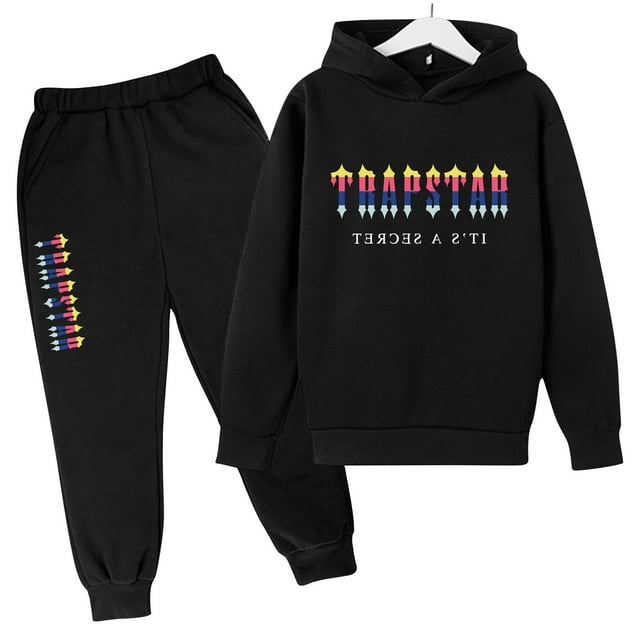 Trapstar Ensembles de Chandails à Capuchon pour Enfants Manches Longues Chandails Graphiques pour Garçons Filles Chandails Amples de Rue Trapstar Chandails + Pantalons de Survêtement Ensemble de 2 Chandails Classiques (Noir, 130)