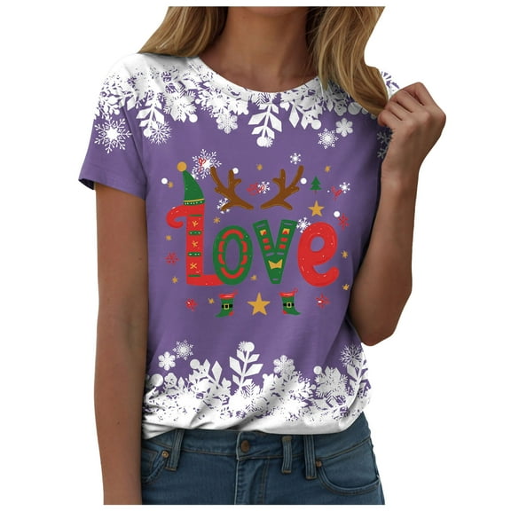 larppty Fall Crew Neck T-Shirts Women Christmas Graphic Shirts Cute Xmas Tees Funny Holiday Family Short Sleeves Tops (Purple, L)