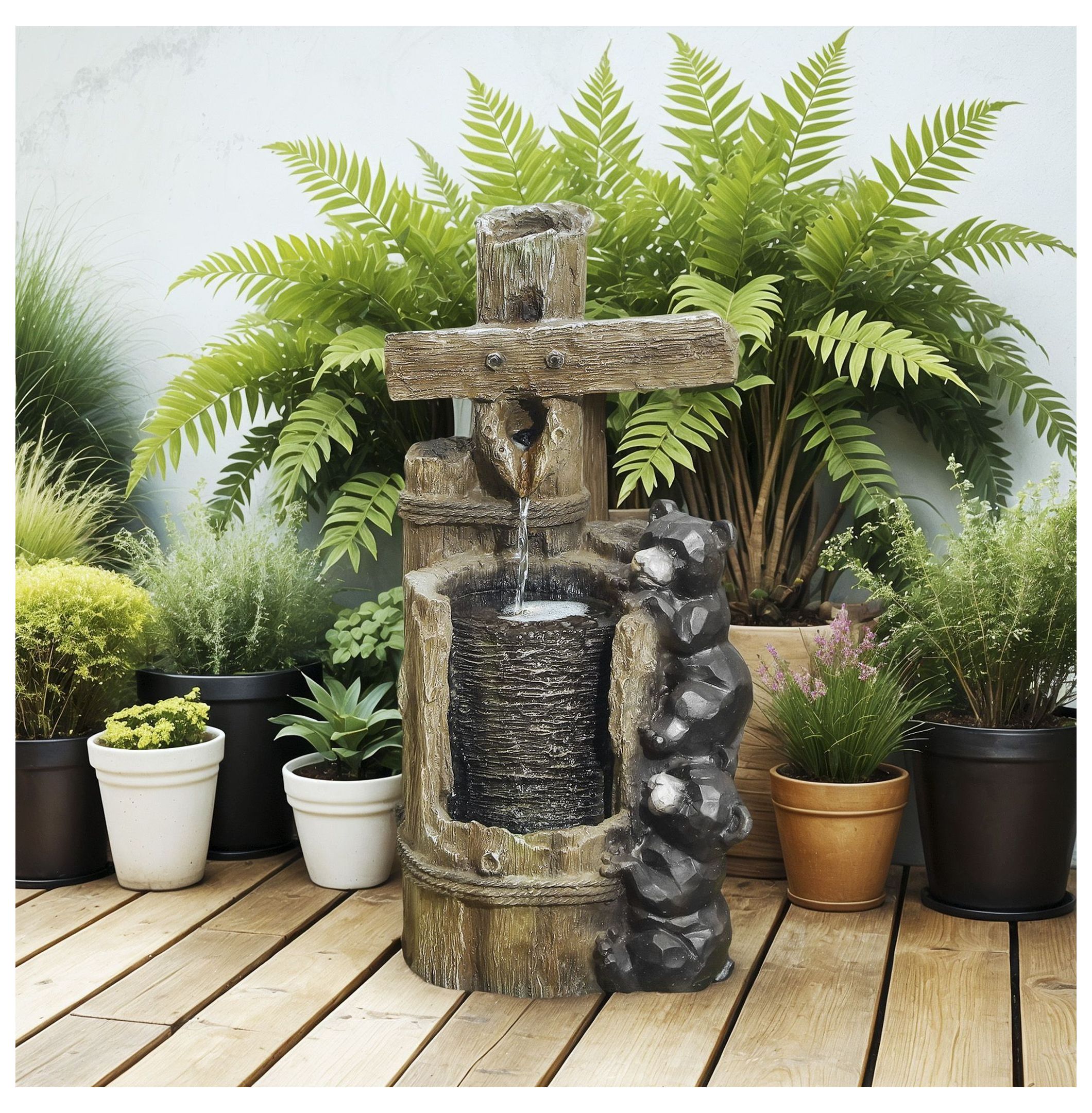 22.8" Outdoor Water Fountain, 3-Tier Bear Waterfall with LED Lights & Pump