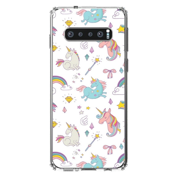 DistinctInk Clear Shockproof Hybrid Case for Samsung Galaxy S10  PLUS(6.4" Screen) - TPU Bumper, Acrylic Back, Tempered Glass Screen Protector - Unicorn Rainbow Wand Pattern - White