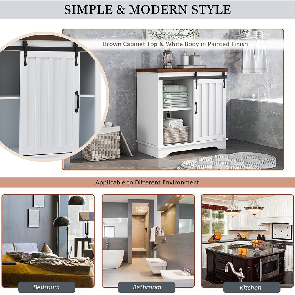 Resenkos Freestanding Bathroom Storage Cabinet,White Sliding Barn Door, Thick Top, Adjustable Shelf, White and Brown Resenkos Freestanding Bathroom Storage Cabinet,White Sliding Barn Door, Thick Top, Adjustable Shelf, White and Brown