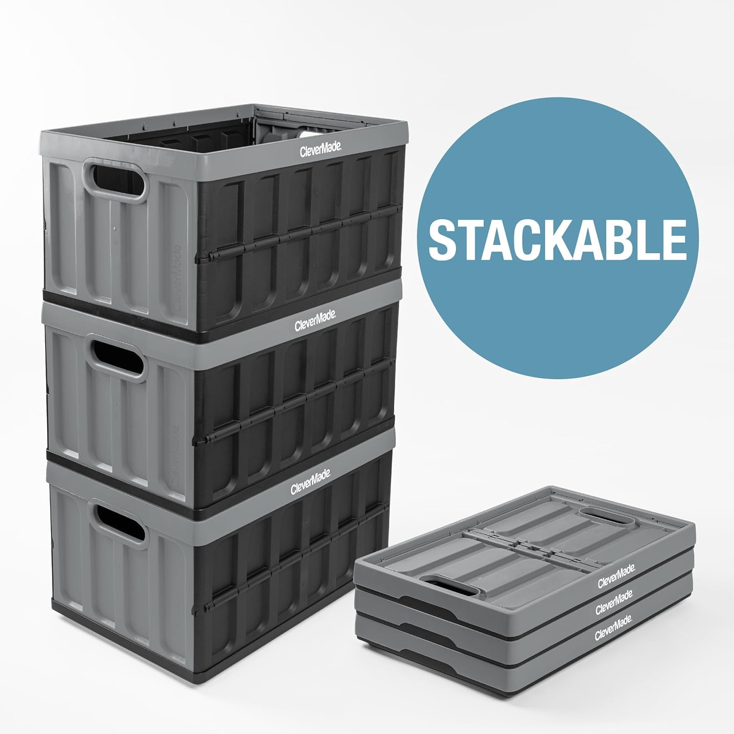 CleverMade 3 Pack Stackable Collapsible Storage Bin, No Lid - 12 Gal Stone