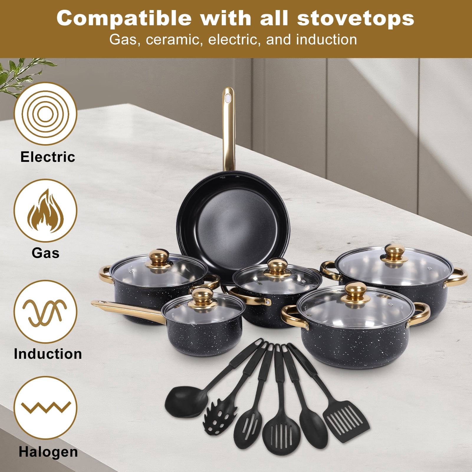 18 Piece Cookware Set, Kitchen Nonstick Pots and Pans Set with Glass Lid for Cooking, Induction & Dishwasher