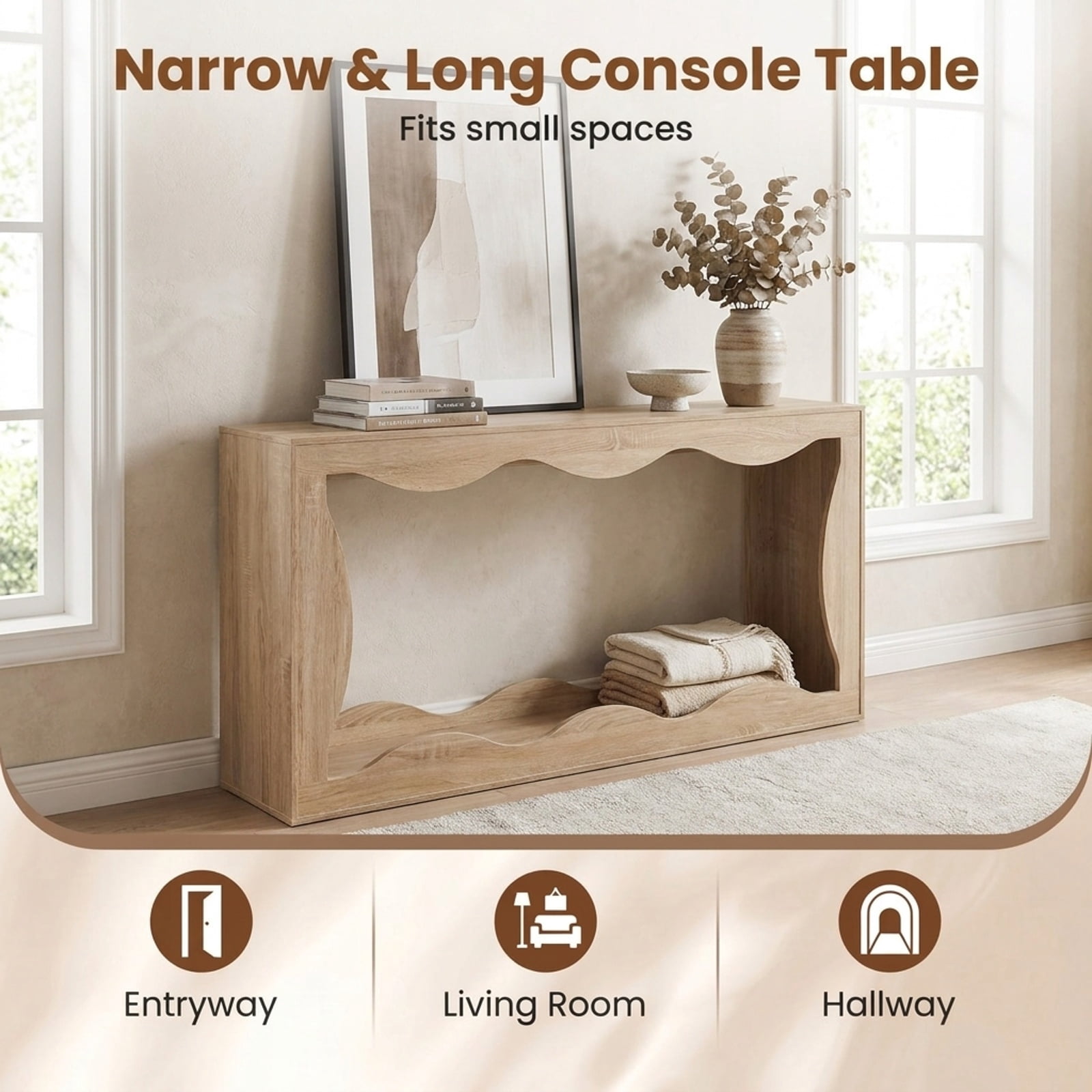 Furnibear 63 Inch Long Narrow Console Table 2 Tier Entryway Table with Wavy Edge Storage Shelf for Hallway Living Room, Natural