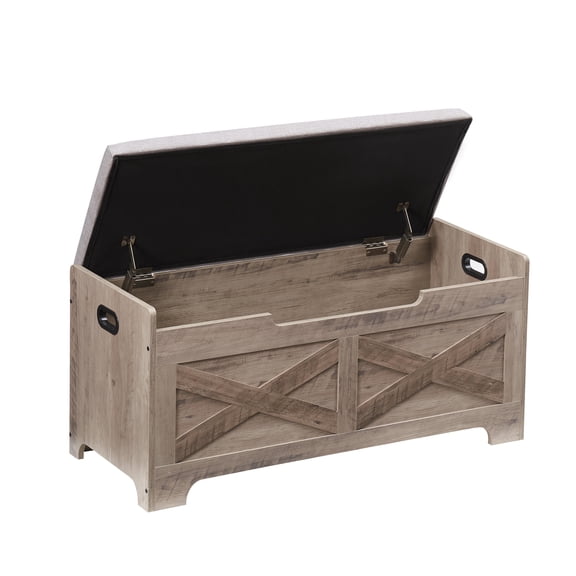 Farmhouse Wooden Storage Chest Bench with Lift-Top Padded Cushion, Dual Safety Hinges & Side Handles, Spacious Entryway Shoe Organizer Easy Assembly for Home