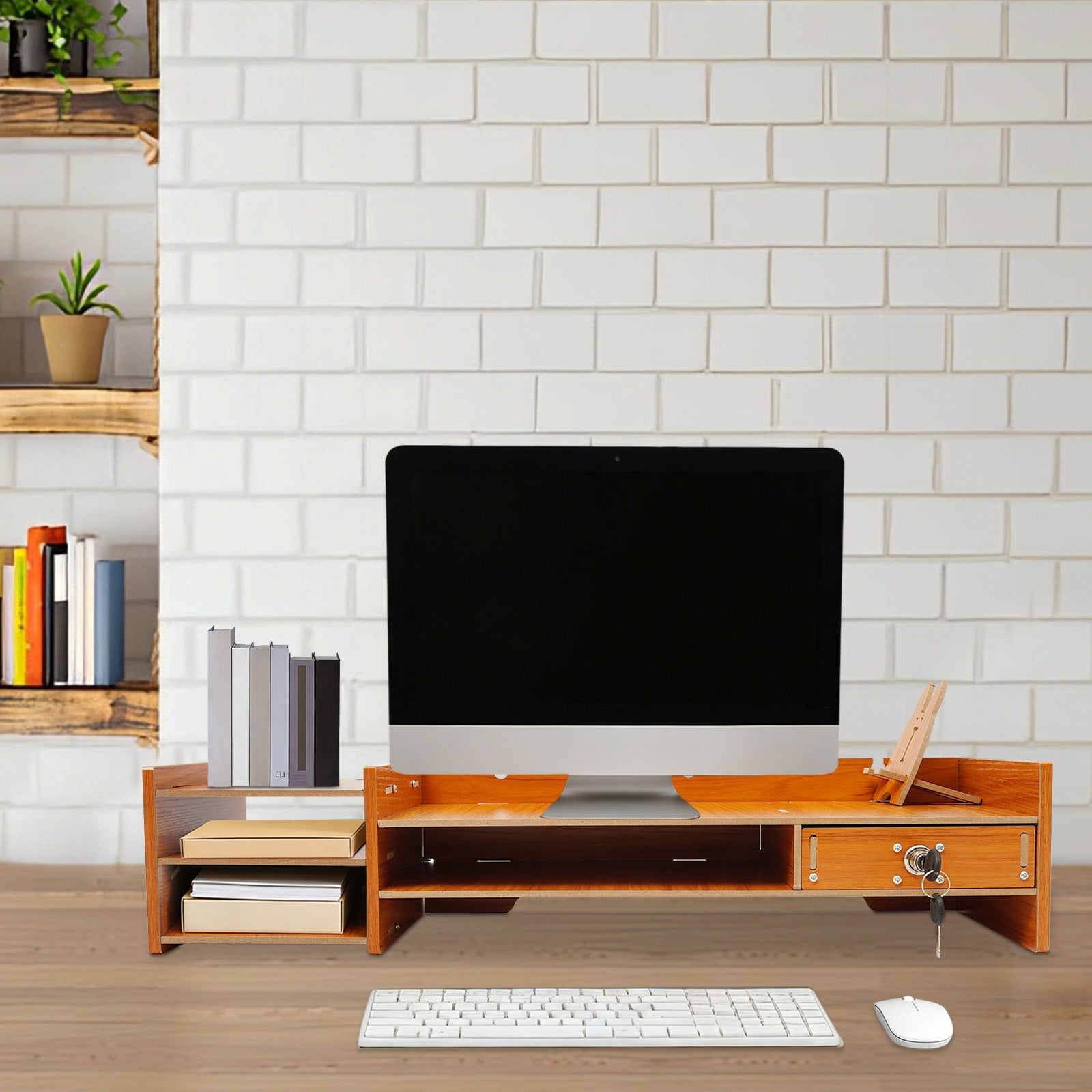 Wood Desk Organizer Stand W/Drawers Office Desktop Storage Monitor Holder Stand