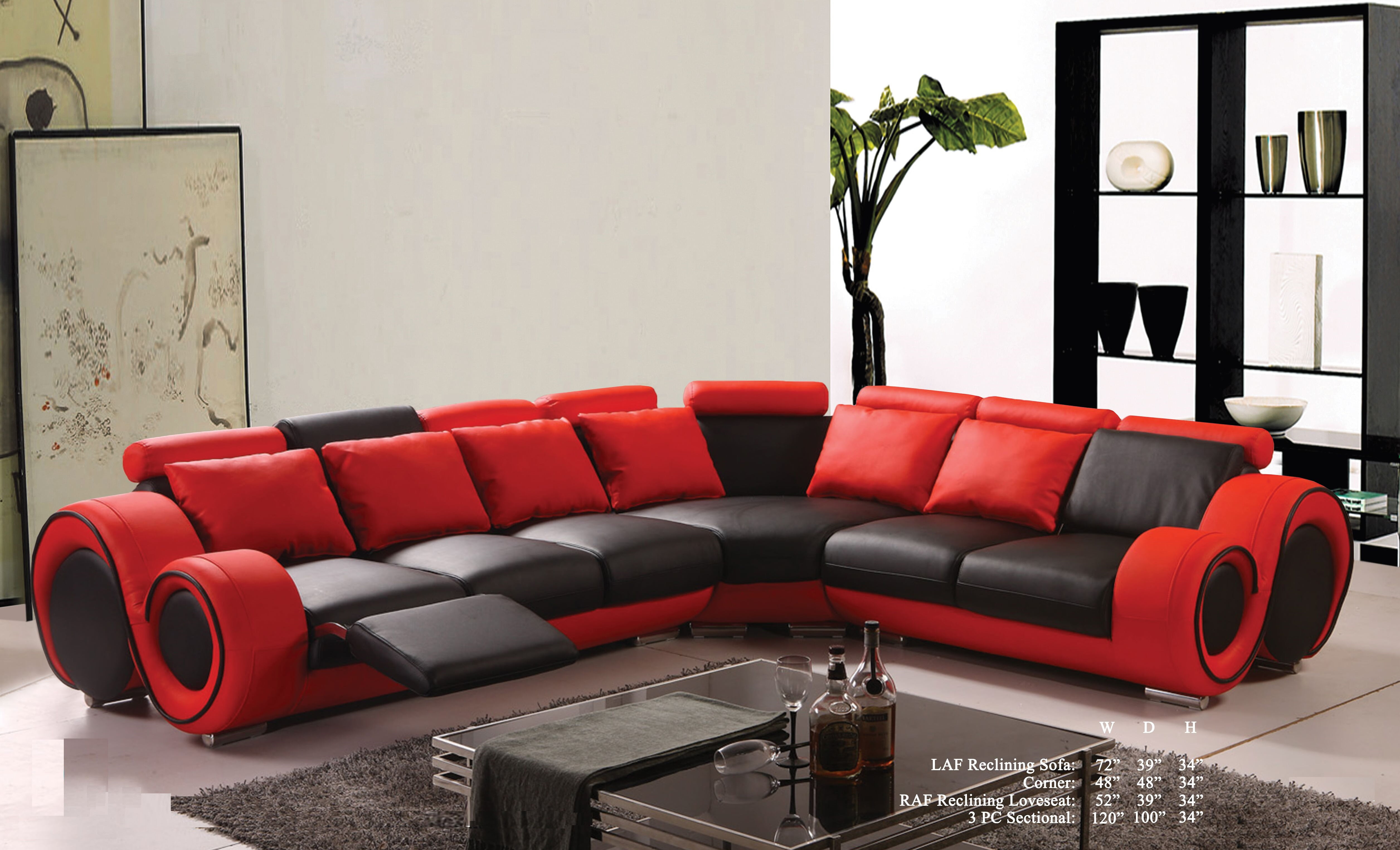 Black Bonded Leather Sectional Sofa Set, Black And Red Leather Sofa