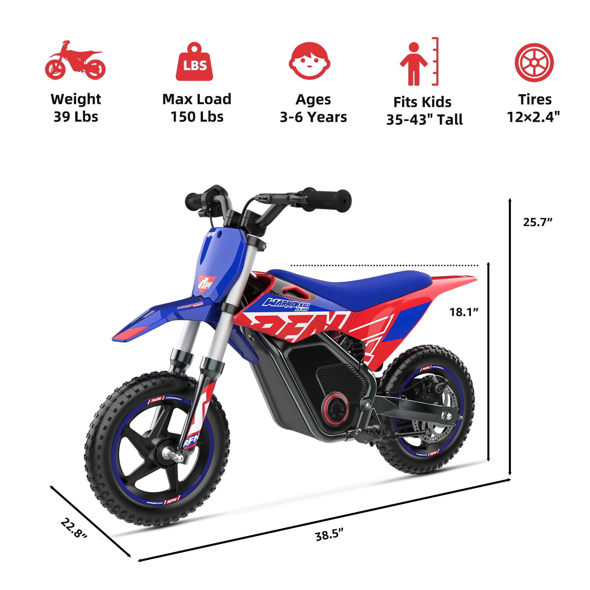 RFN Warrior Kids250 36V Electric Dirt Bike for Kids, 400W Peak Brushless Off-Road Bike, 3-Speed Modes, 15.5 MPH Max Speed, 11.2-Mile Range, 12" Tires
