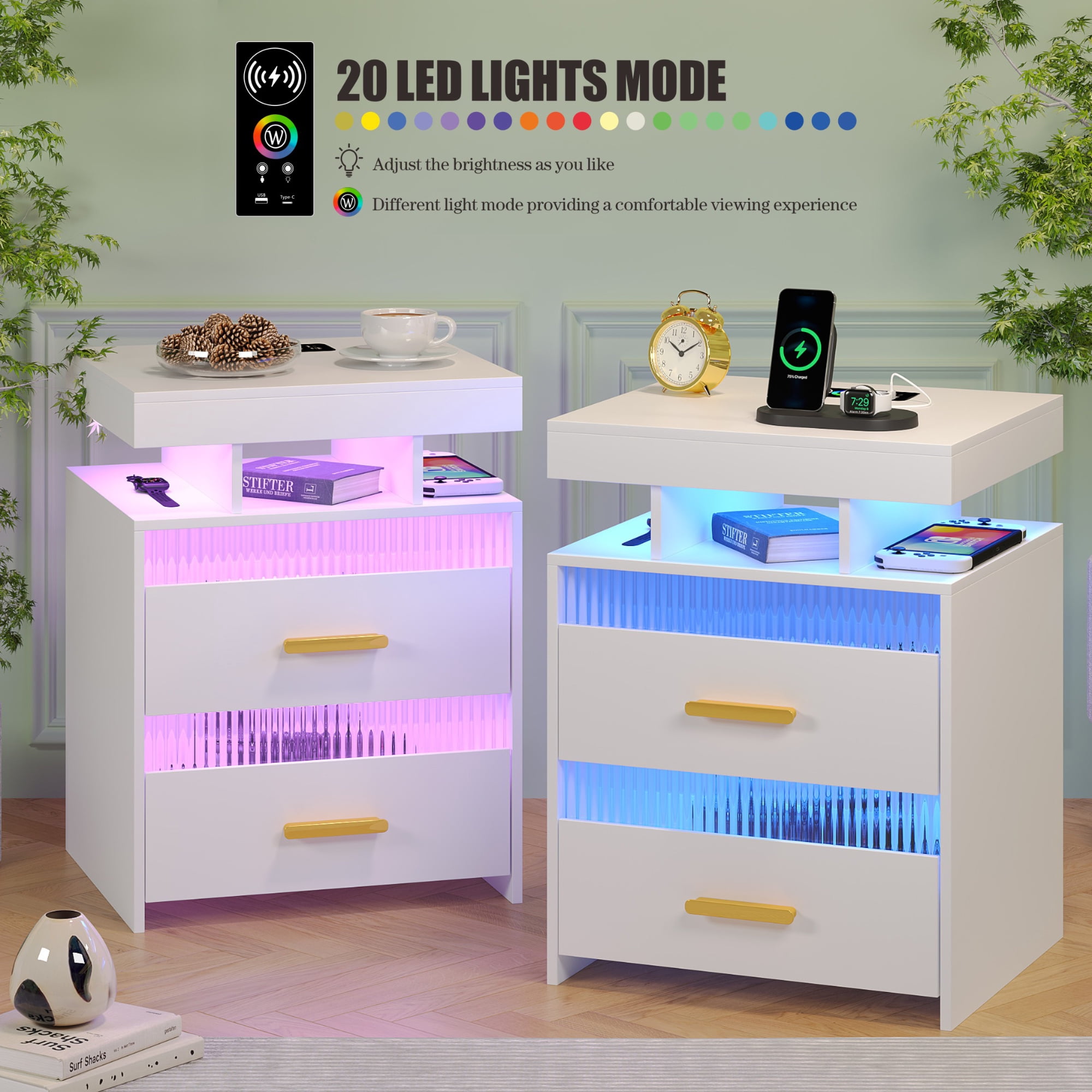 VKCC RGB LED Nightstand with 2 Drawers & Charging Station, Modern Bedside Table for Bedroom Living Room, White