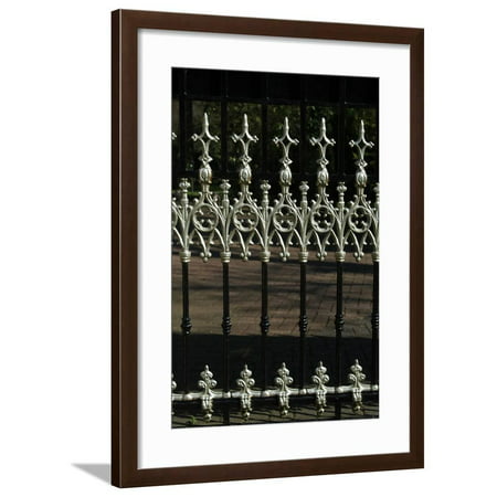 Close Up of Elaborate White Finials on Black Metal Railings Framed Print Wall Art By Natalie