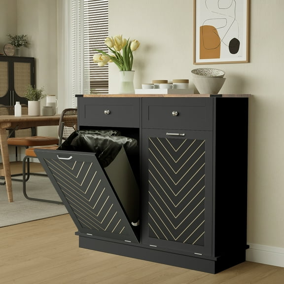 FULLWATT Kitchen Double Tilt Out Trash Can Cabinet in Black, Freestanding Trash Bin Holder Storage Drawer Waste Bin-Wooden Recycling Trash Cabinet Black