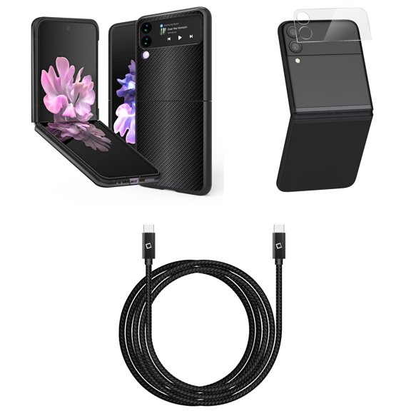 Bemz Premium Bundle for Samsung Galaxy Z Flip 3 5G: Slim Snap-On Protector Case (Grey Carbon Fiber), Rear Camera Glass Protector, Nylon Braided USB-C to USB-C Cable (4 Feet)