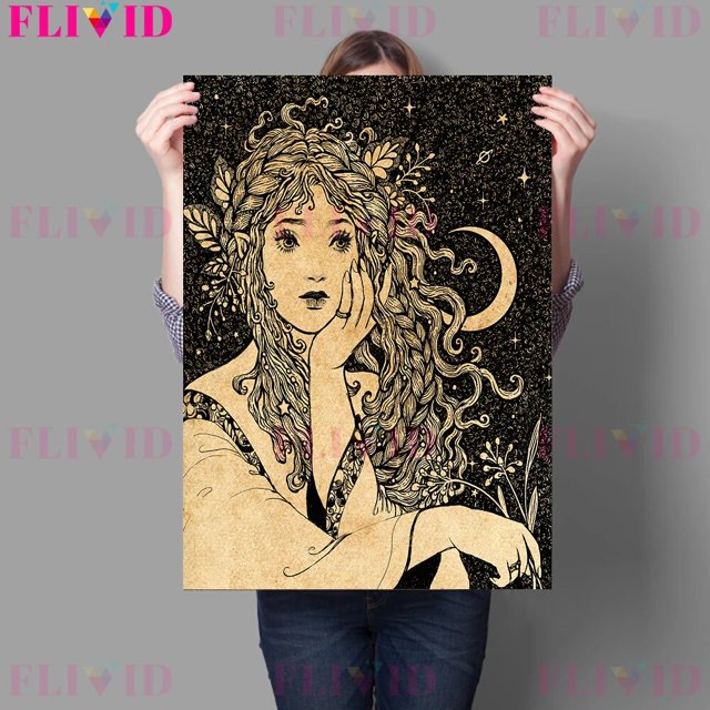 Póster Artístico Retro de bruja y Luna, cuadro sobre lienzo para pared, decoración para sala de estar sin marco