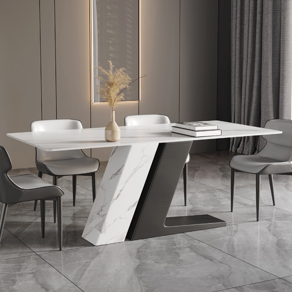 POVISON 63"Modern Luxury White Rectangular Dining Room Table for 4, Glossy Sintered Stone Tabletop, White and Black Z-shaped Stainless Steel Base