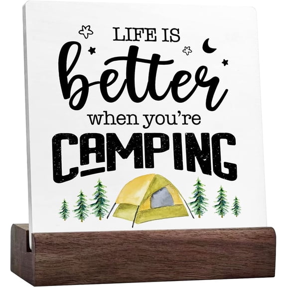 Funny Camping Sign Desk Decor,Rustic Camping Quote Ceramic Table Sign Plaque Desk Decorations For Home Campsite Trailer Camper Desk Shelf Table Decor (Life Is)