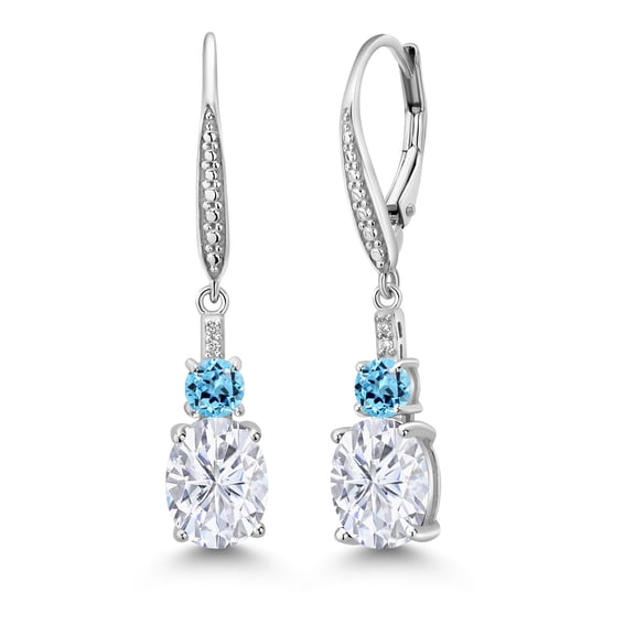 Gem Stone King 925 Sterling Silver White Moissanite and Swiss Blue Topaz Dangle Earrings for Women with Lab Grown Diamond (4.94 Cttw, Oval 9X7MM)