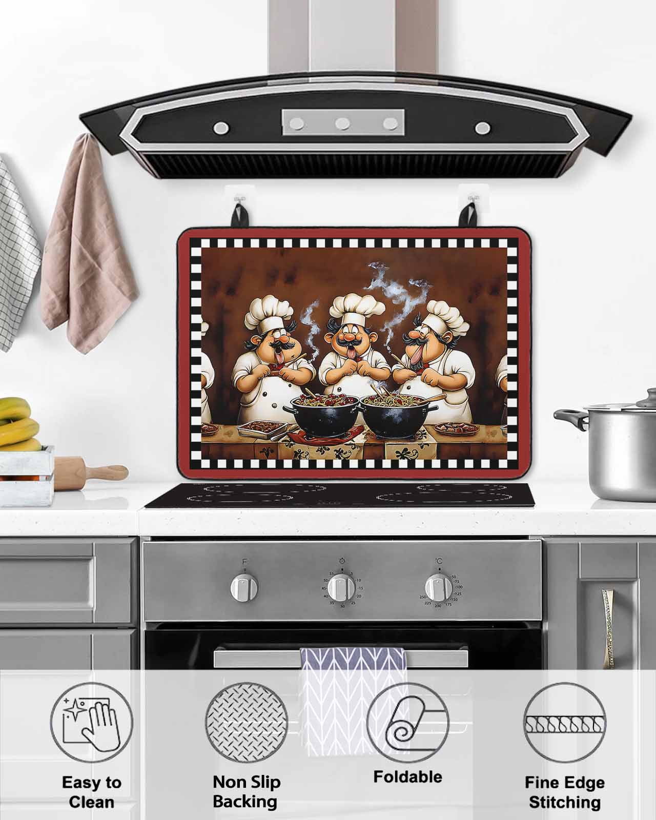 nqOlkjepod Large Induction Cooktop Protector Mat 28.5"x20.5", Fat Chef Stove Top Covers for Electric Stove, Cartoon Vintage Black Check Plaid Stove Burner Cover Mats, Glass Top Stove Cover