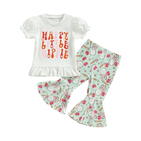 

aturustex Toddler Girl 2Pcs Easter Outfits 6M 12M 18M 24M 3T 4T Bunny Rabbit Short Sleeve T-Shirt Top+ Flare Pants Set
