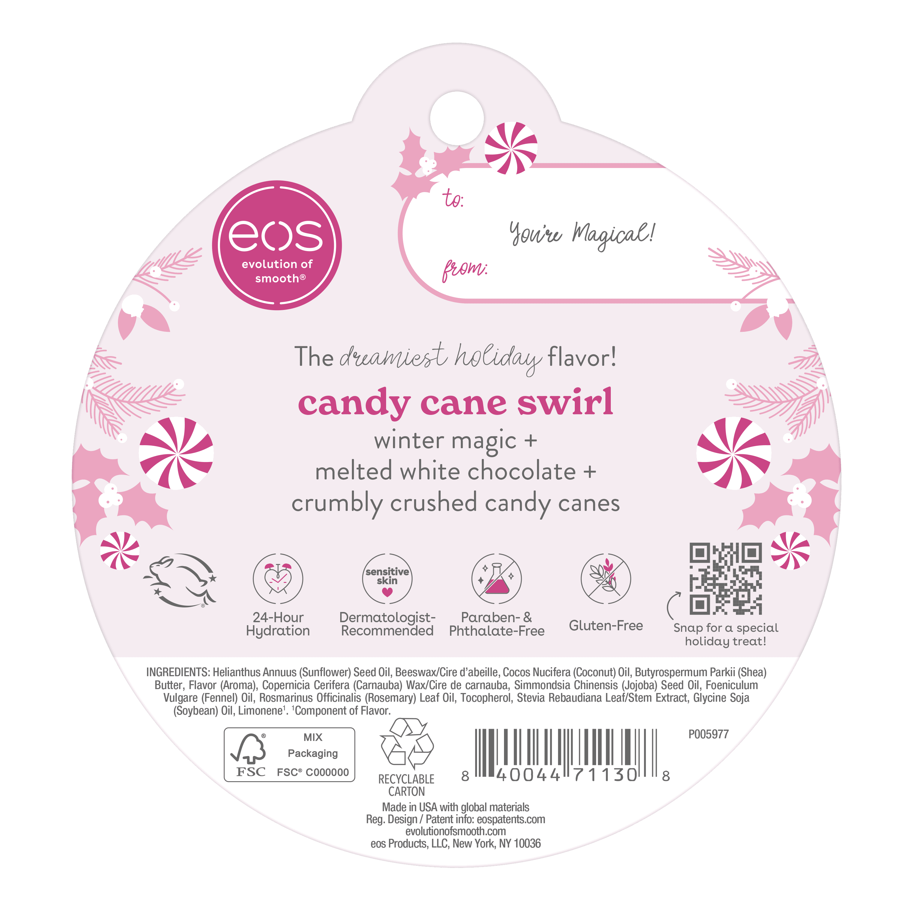 eos Limited Edition Holiday Lip Balm, Candy Cane Swirl, 24-Hour Hydration, Made for Sensitive Skin, 0.25 oz