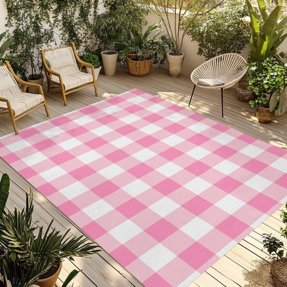 Pink Buffalo Check Outdoor Rug for Patio/Deck/Porch, Non-Slip Large Area Rug 5 x 8 Ft, Valentine's Day Modern Rustic Plaid Indoor Outdoor Rugs Washable Area Rugs, Reversible Camping Rug Carpet Runner