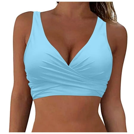 JDEFEG Swimsuit Coverup for Women Fashion Women Lace up Swimwear Tops Underwire Full Coverage Bikini Top Push up Swim Crop Top Tie Back Bathing Suit Tops Light Blue Size Xxl