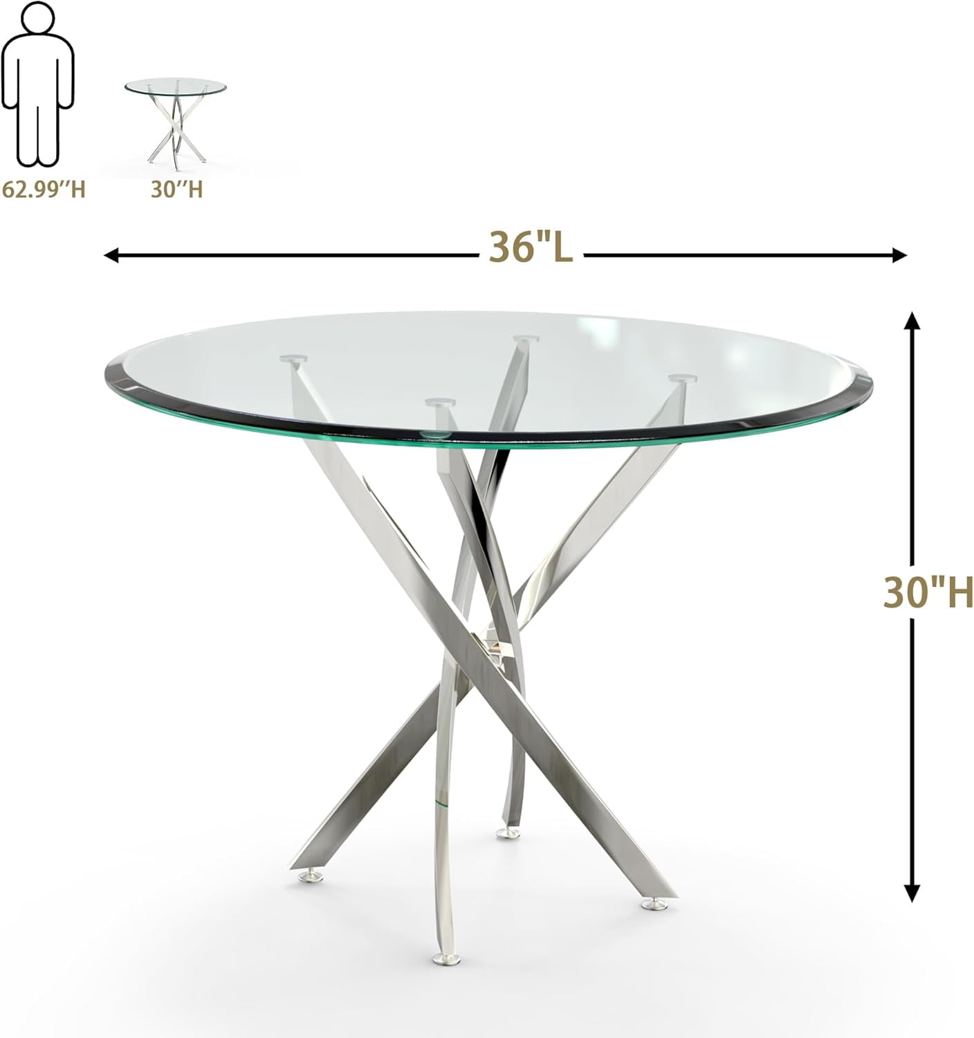 36" Round Glass Dining Table with Stainless Steel Legs, Modern Small Kitchen Table with Tempered Glass Top for Dining Room, Apartment, Kitchen