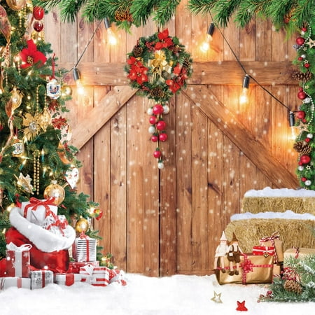 Image of 10x10ft Christmas Barn Door Decorations Backdrop Christmas Background for Photography Xmas Tree Snow Gift Wall
