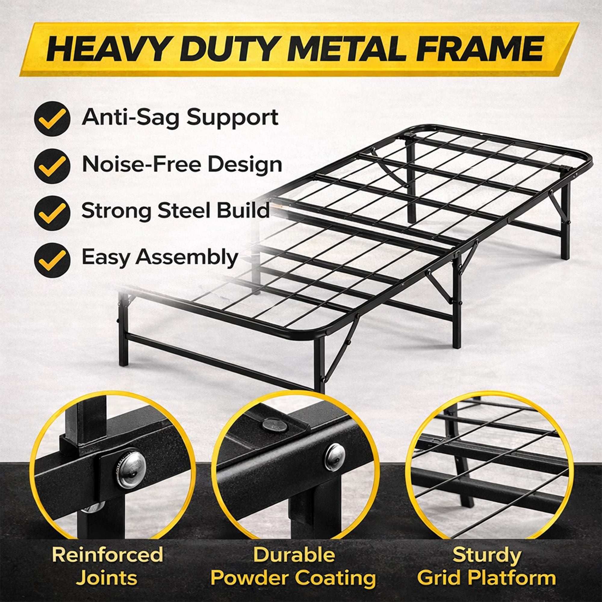 Continental Sleep, 14-Inch Foldable Metal Platform Bed Frame with Tool Free Setup, Sturdy Steel, No Box Spring Needed, 75" x 30", Black