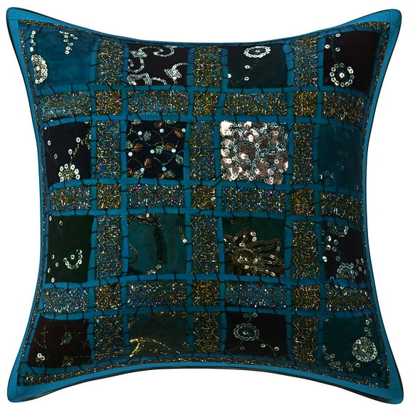 Stylo Culture Ethnic Couch Throw Pillow Cover 16x16 Patchwork Embroidered Turquoise Sequins 40x40 cm Home Decor Cotton Geometric Square Cushion Cover | 1 Pc