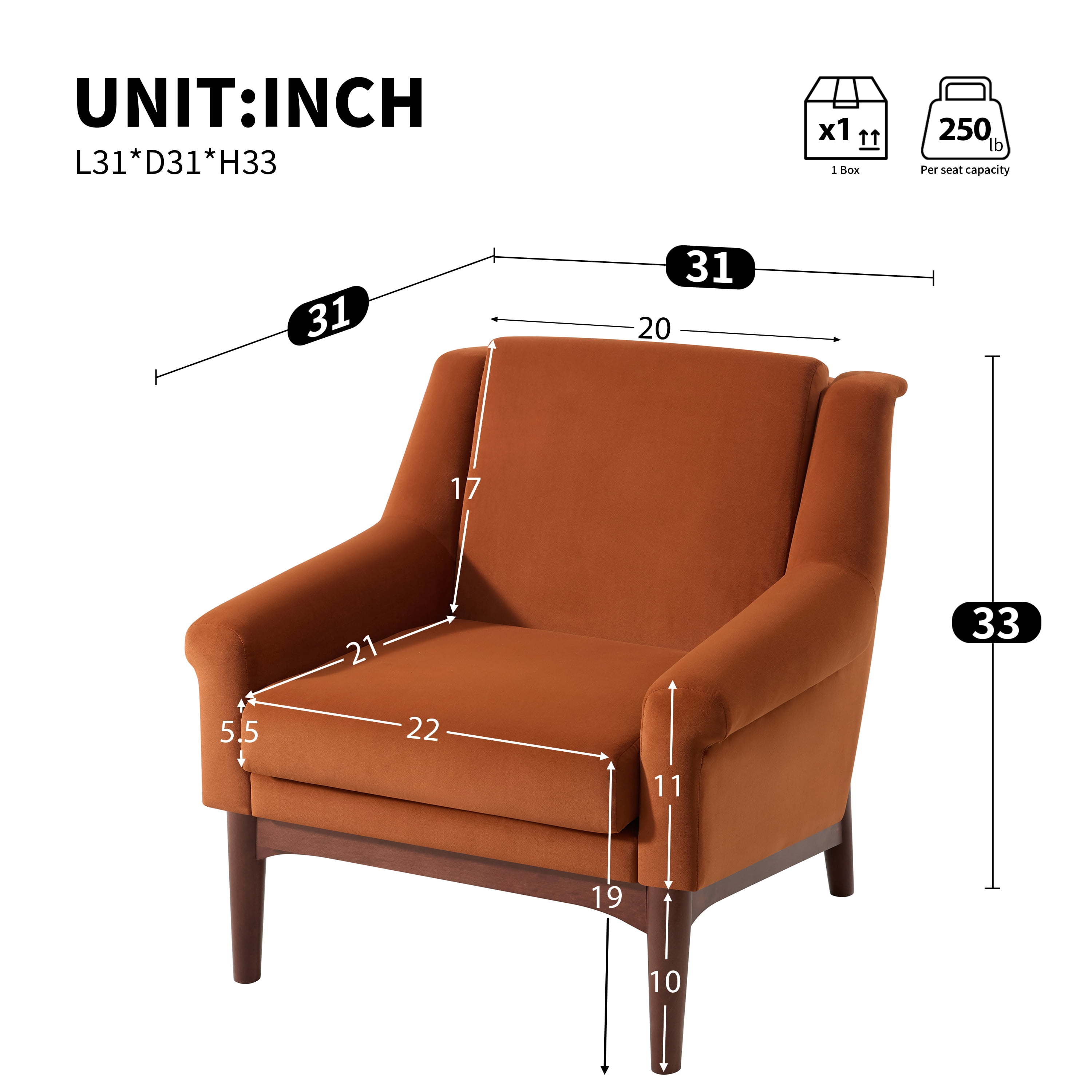 GARITIN Mid Century Modern Accent Chair 31 Inch, Upholstered Lounge Chair with Flared Arms and Solid Wood Legs for Living Room, Orange
