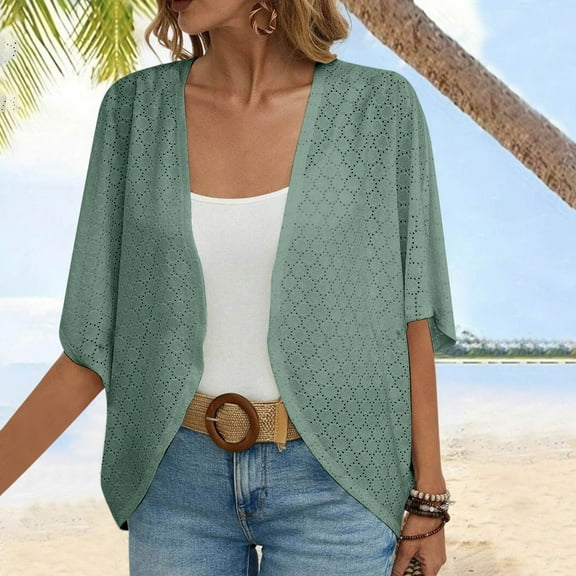 Nrmvnmi Lightweight Summer Cardigan for Women Spring Netted Knit Ruffle Half Sleeve Kimono Cover Ups ,Plus Size Lightweight Shawls For Women Olive Green