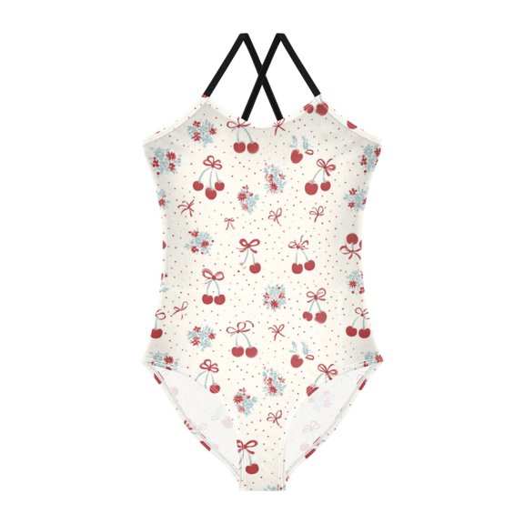 Girls' One-piece Swimsuit Cross Back Bathing Suit Beach Surfing Sizes 3T Cherries and Bows